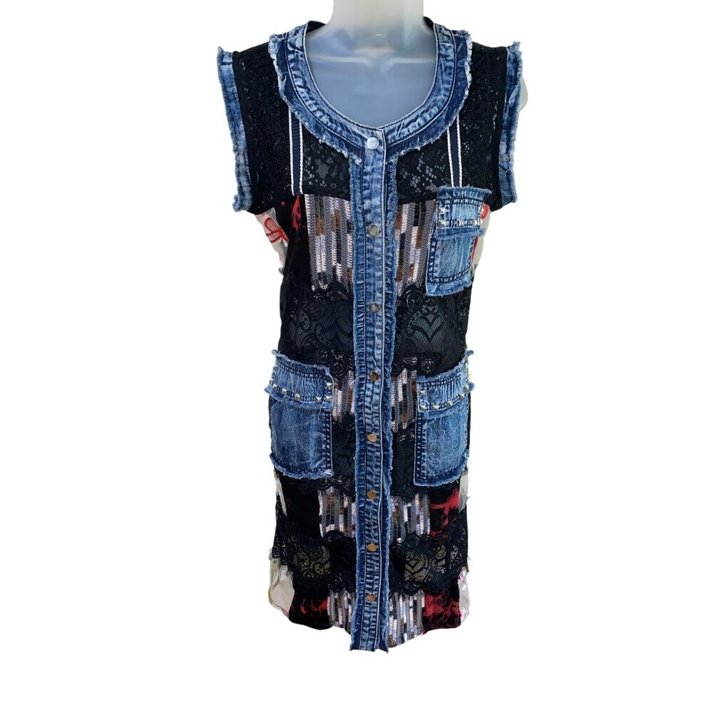 Adore Womens M Patchwork Sleeveless Dress W/ Denim Trim & Pockets Cotton/Polyest
